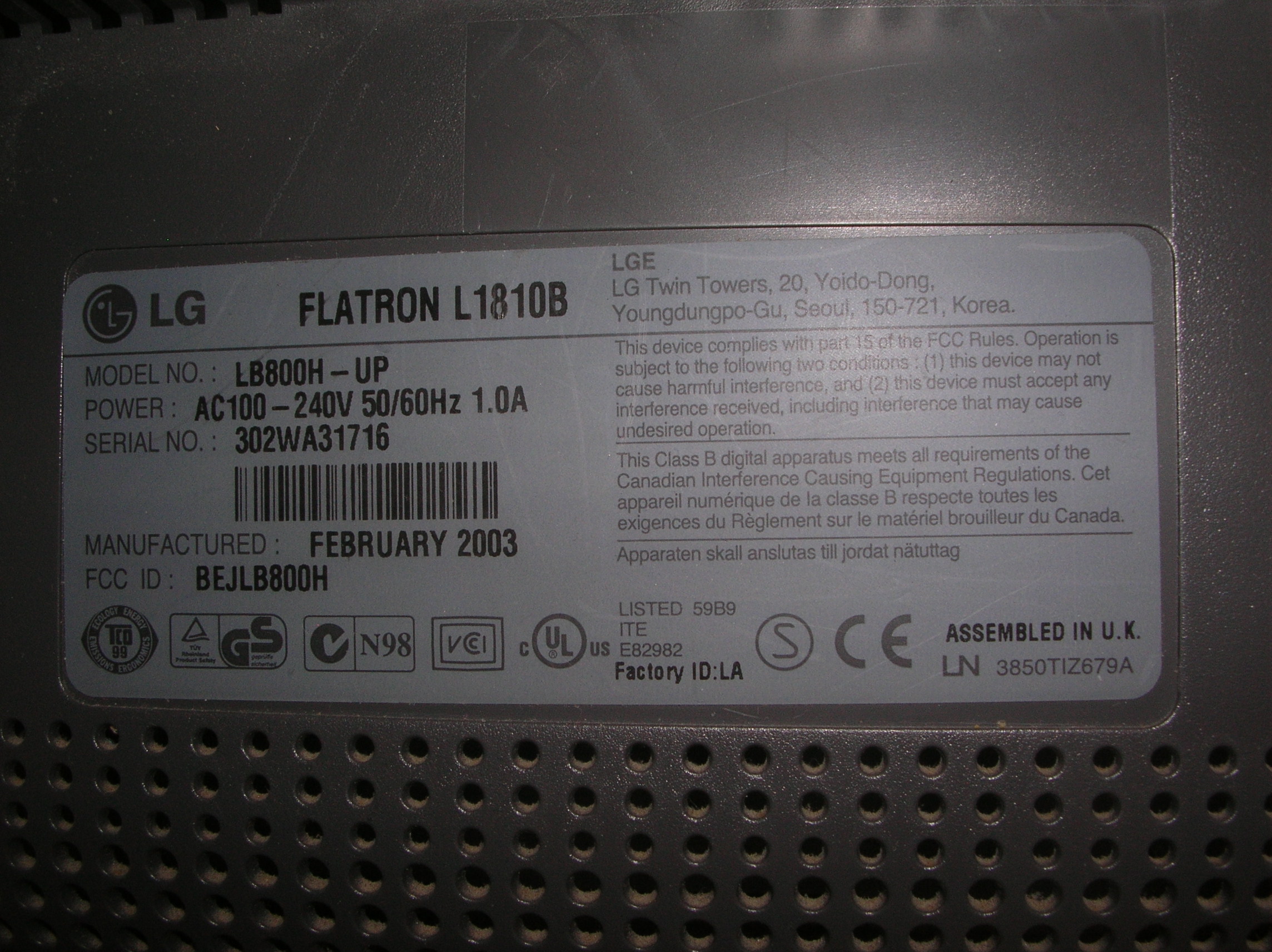 LG FLATRON L1810B 18.1" LCD MONITOR