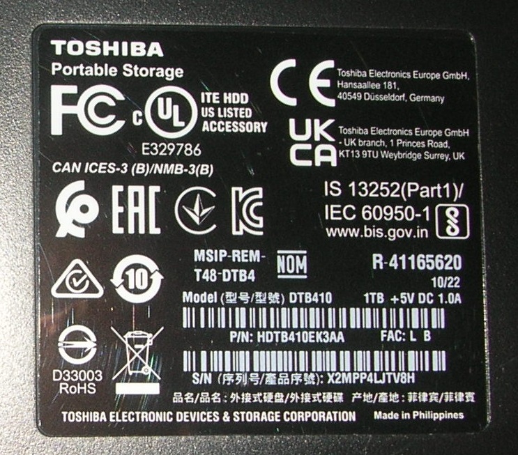 TOSHIBA CANVIO BASICS DTB410 1TB EXTERNAL HDD